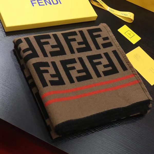 Fendi Beige&Black And Orange FF Logo Wool Shawl(Brown)