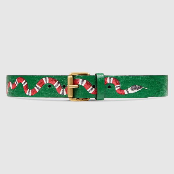 Gucci Snake-Print Leather Green Belts With Gold Buckle