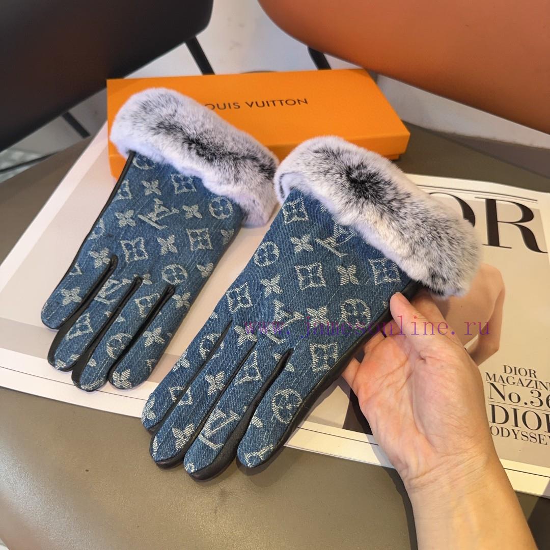 LV denim sheepskin gloves, fashionable gloves, warm and velvet lining for autumn and winter,frpm4o6s - Image 6
