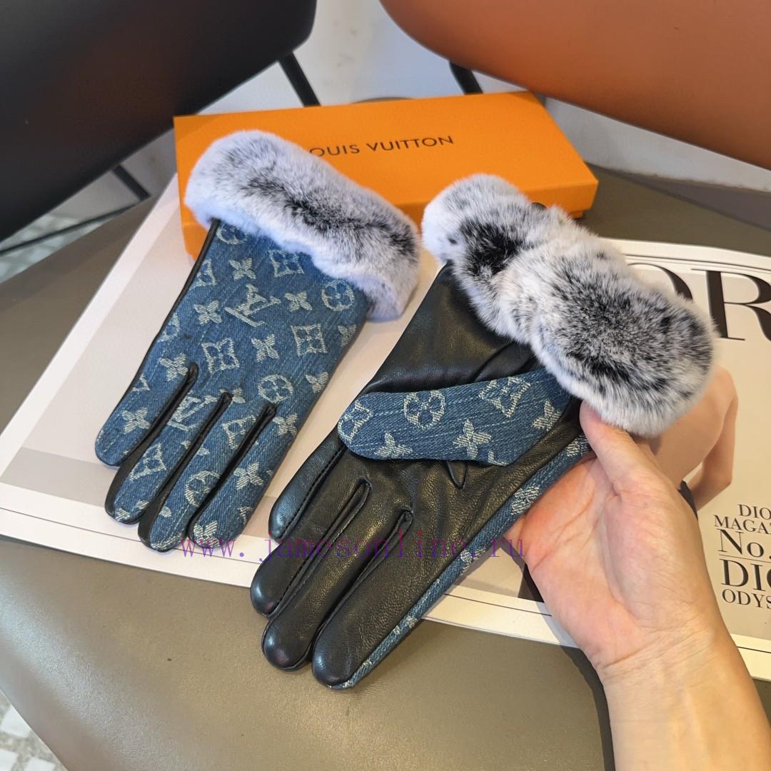LV denim sheepskin gloves, fashionable gloves, warm and velvet lining for autumn and winter,frpm4o6s - Image 8