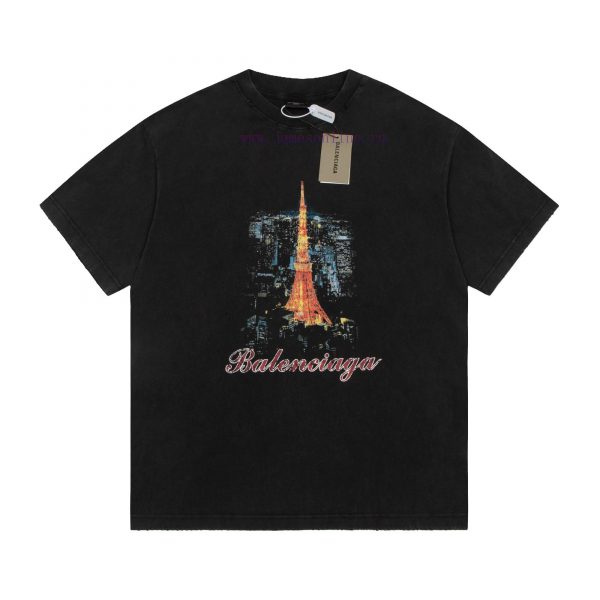 High quality Bal Balenciaga Tokyo limited edition Paris Ginza distressed short sleeved shirt 691shlvy