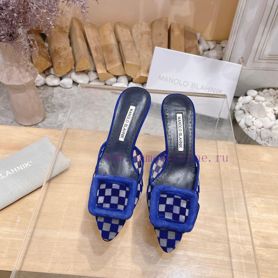 ? MANOLO BLAHNlK 2024 New Mb Fashion Little Women's High Heels Checkered Cloth Mill Slippertp7roq06