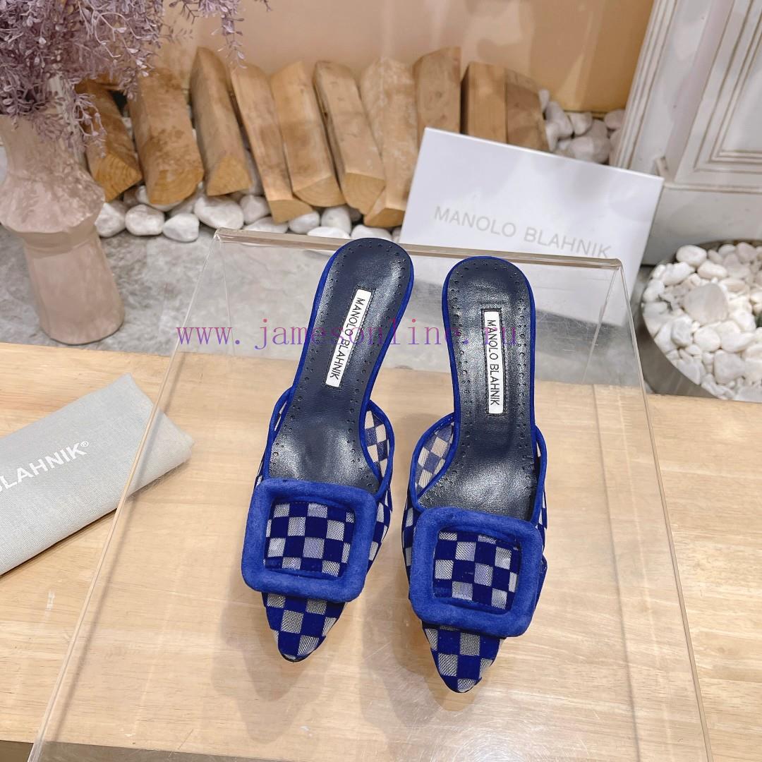 ? MANOLO BLAHNlK 2024 New Mb Fashion Little Women's High Heels Checkered Cloth Mill Slippertp7roq06 - Image 2