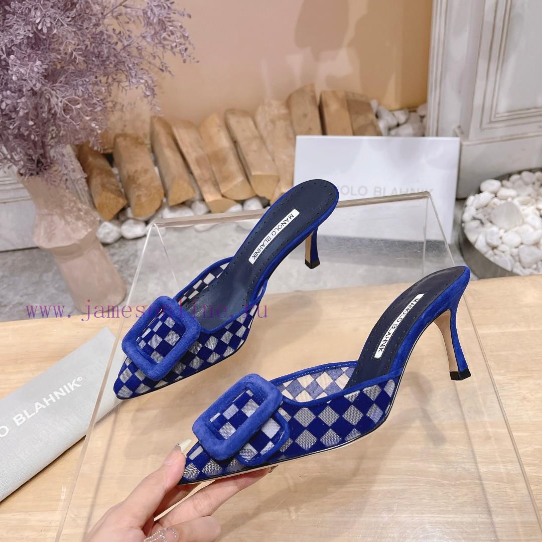 ? MANOLO BLAHNlK 2024 New Mb Fashion Little Women's High Heels Checkered Cloth Mill Slippertp7roq06 - Image 5
