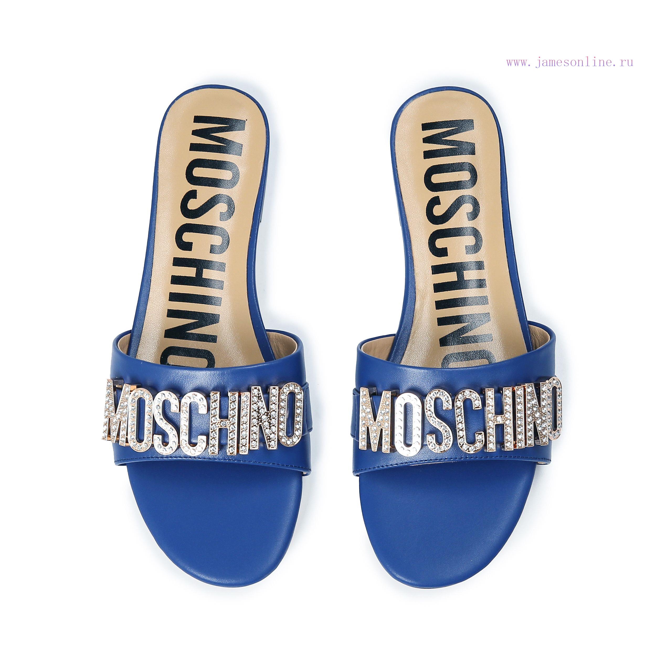 θαμπες γαλοτσες | 2-36B Moschino 2023 New Diamond Buckle Flat Bottomed Mop Made Of Cowhide Fabric Colors Blue Bro p2w05gfz | παπουτσια σ ολιβερ - Image 4
